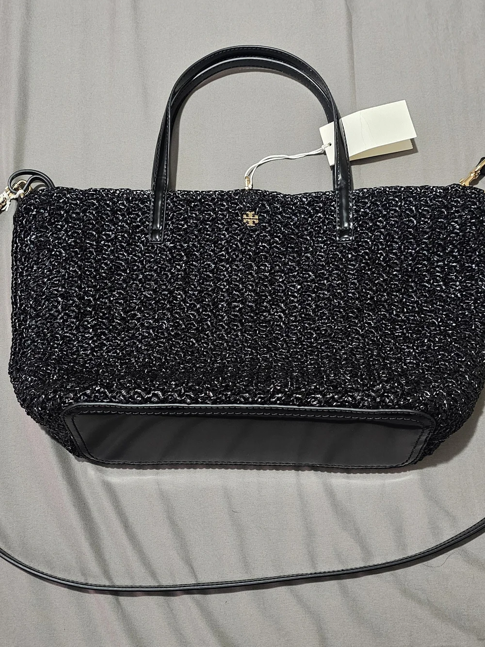 Tory Burch Emerson Raffia Black Tote Bag With Leather Pouch